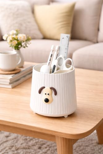Image of AccuPrints Sumiko Plastic Desk Organiser Pen Holder with Dog Design, Semicircular Shape, 11.5 x 10.5 cm, 4 Compartments, Matte Finish (White)