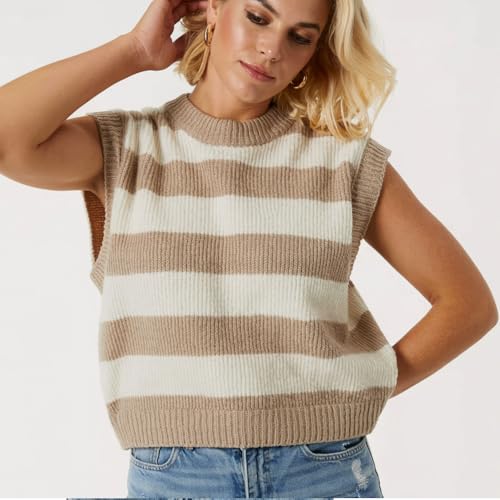 GodLover Womens Cap Sleeve Tank Tops Striped Crew Neck Casual Loose Fit Spring Summer Pullover Knit Sweater Vest Sleeve Knit2