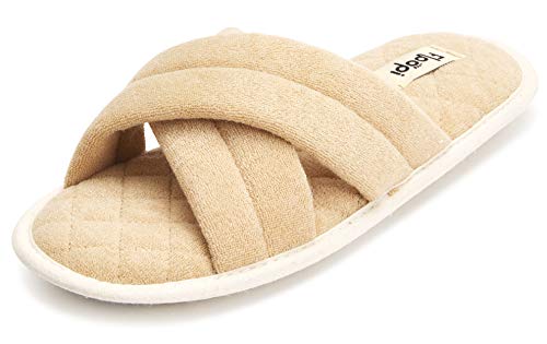 Floopi Womens Soft Criss Cross Open Toe Slippers with Quilted Terry Sitch Insole Lining, Memory Foam, Anti-Skid Rubber Outsole for Summer2