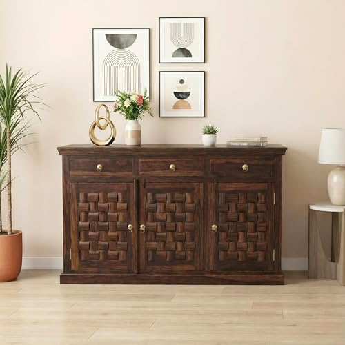 Image of SONA ART & CRAFTS Niwar Solid Sheesham Wood Sideboard Cabinet Storage Organizer with 3 Drawer & 3 Door Cabinet for Home Kitchen Living Room & Bedroom Multi Shelves Cabinets Hallway (Walnut Finish)