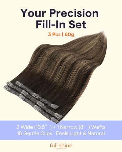 Image of Full Shine Dark Brown Balayage Clip in Extensions Real Human Hair, 12 Inch | 3 Pcs 60g, Clip in Hair Extensions, Lightweight Comfortable Wear