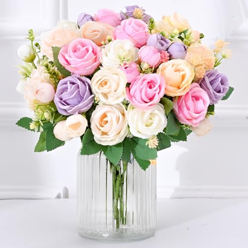 Yastouay Fake Roses Artificial Flowers, 12 Pack Rose Fake Flowers for Decoration, Real Touch Mixed Color Roses Bouquets Silk Flowers for Vase Centerpiece Table Wedding Party Bridal DIY Decor