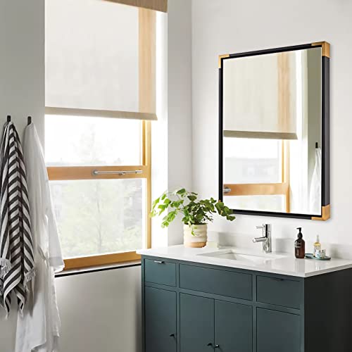 Andy Star 30X36” Black Mirror, New Zealand Pine Wood Framed Rectangular Mirror With Gold Metal Corner, Modern Large Wall Mirror For Bathroom Vanity Living Room Entryway Hangs Vertical Or Horizontal #TOP3