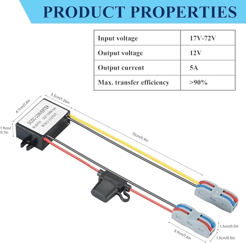 DC Buck Converter 17V-72V to 12V, DC Voltage Converter 24V/36V/48V/60V/72V to 12V 5A 60W MAX, 20V-72V to 12V 5A Step Down Power Transformer Module for Automotive, Trucks, Instruments4