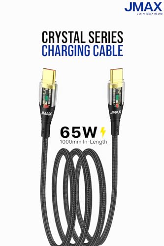 Image of Jmax USB Type C Cable 1 m Crystal Series 65W Type C to Type C Fast Charging Cable with Smart LED Indicator | Transparent Charging Head | PD Supported (Compatible with MOBILE, LAPTOPS, TABLET, COMPUTER