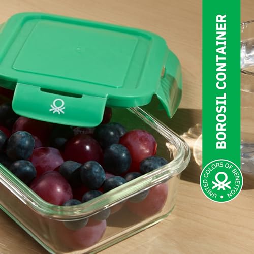 Image of United Colors of Benetton 1180 ML Borosilicate Glass Food Storage Container with Airtight Green Lid - Leakproof, Microwave, Oven, Freezer & Dishwasher Safe - Durable & Reusable Lunch /Dinner Box