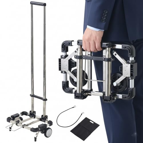 Japard Luggage Cart with 2 Wheels Foldable, Purse Trolley, Portable Travel Dolly Compact Air Travel Loadable 55 lbs, Smallest Folding Carrying Cart Light Weight