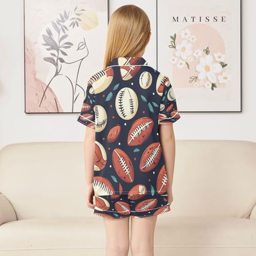 Satin Pajama Sets Short Sleeve American Football Baseball Button Down Silky Nightwear 2 Piece PJS 5-14Y4