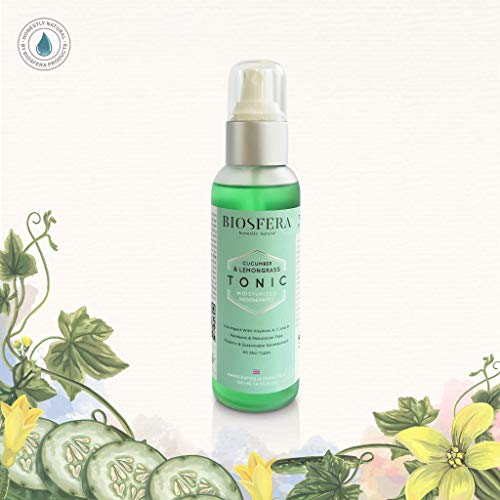 Biosfera Cucumber & Lemongrass Face Toner - Natural Astringent Mist - Made With Spring Water From Costa Rican Forests, Balanced pH, Vegan, Handcrafted in Costa Rica - 120 mL, 4 fl oz