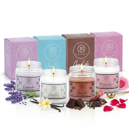 Teora by Bindian Sleep & Destress Aromatherapy British Rose Scented Candle | 100% Natural Soy Wax Candles | up to 20 Hours of Clean Burning | Smokeless & Non-Toxic Candles | 100gm (Salsa Pack of 4)