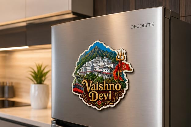Image of Vaishno Devi Theme Wooden Fridge Magnet Souvenir | 3x3 in Kitchen Home Decor Gift