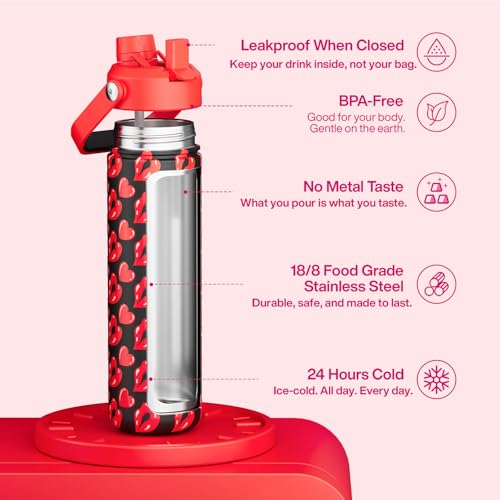 Image of ENCOOL Insulated Water Bottle with Straw Stainless Steel Water Bottle, Leak-Proof, BPA-Free, Keeps Cold for 24 Hours for Sports, Travel, School (26 oz, Kiss Love Red x Black)
