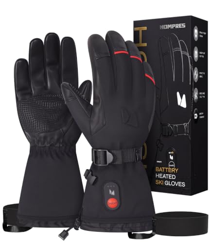 Hompres Heated Gloves, 11.1V Rechargeable Heating Gloves for Men Women, 4 Heating Levels, PU Leather & Wrist Leash, Touchscreen, Winter Gift for Outdoor Work, Skiing, Hunting, Cycling, Christmas