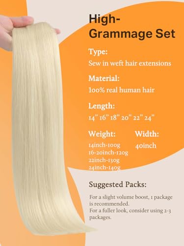 Image of DOORES Sew in Hair Extensions Real Human Hair, 18 Inch 120g Platinum Blonde, Natural Virgin Weft Extensions for Women