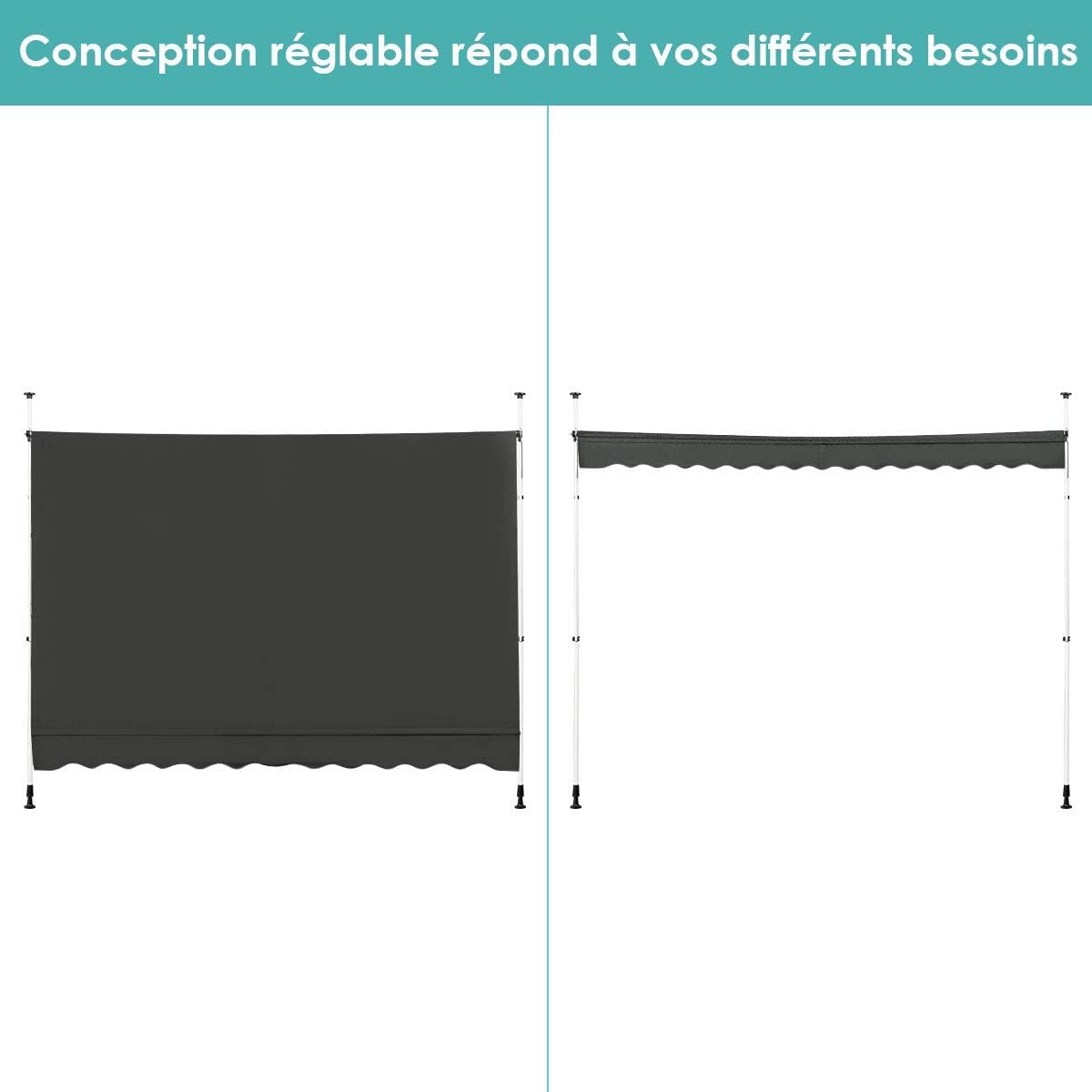 RELAX4LIFE Store Banne Manuel sans Perçage, Auvent Balcon Rétractable avec Manivelle, Tissu Oxford Anti-UV Imperméable, Hauteur Réglable 2-3 M, Store Banne pour Porte Fenêtre (Gris, 400 X 125 cm)