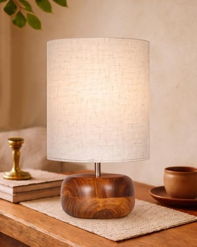 Image of Homesake Handcrafted Wooden Base Table Lamp with Warm Shade, Aara, Bedside Night Light for Bedroom, Living Room, Study Table, Home Decor, Ambient Lighting, (KD Khadi Shade)
