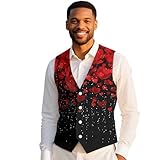 Suhoaziia Men's Casual Suit Vest Lightweight Business Formal Dress Suit V-Neck Waistcoat Jackets Men Fashion Coat Tops with Pockets Sleeveless Valentines Blazer Groomsmen Outfits, Red Hearts