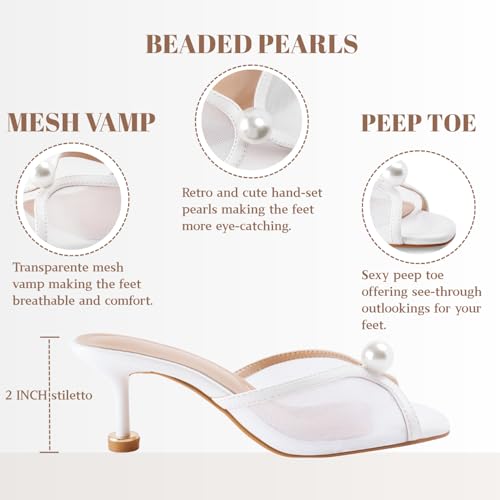 Peep Toe Mule Heels for Women Pearl Kitten Heels Dressy Comfortable Slip On Mesh Heeled Sandals Wedding Party3