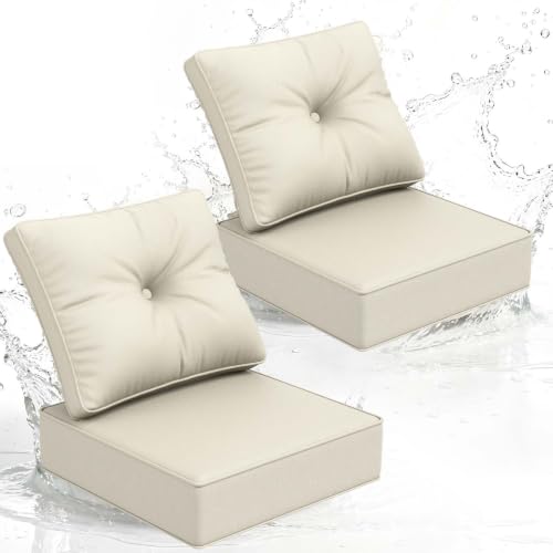 Image of DoCred Set of 2 Outdoor Chair Cushion, 6 inch Thick Patio Seat Cushion, Beige | 28D High Density Sponge Cushions & 7 inch Back Pillows with Fade and Water Resistant Cover for Patio Furniture Sofa Bench Swing