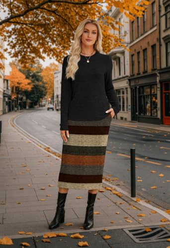 OFEEFAN Women 2 Piece Outfits Midi Skirt Set Fall Loungewear Black Stripe M | Long sleeve top matching skirt with pockets dressy casual, sweater dress set, lounge wear, fashion travel vacation clothing - image 4