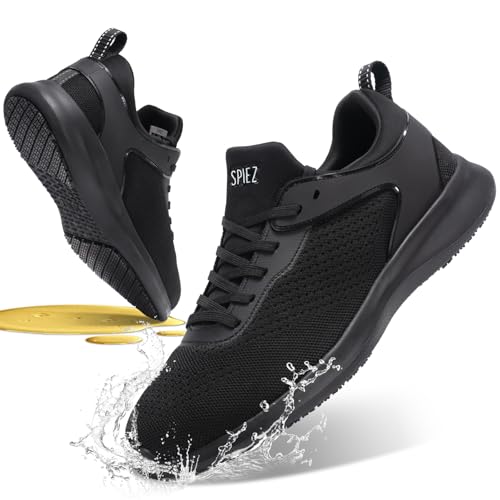 SPIEZ Non Slip Work Shoes Men, SRC Slip-Resistant Certified Waterproof Food Service Shoes, Slip-On Breathable Lightweight Fashion Sneakers for Kitchen Restaurant Black US 7.5-12
