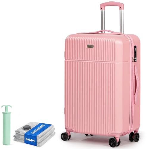Image of H.yeed 24 Inch Medium Suitcase ABS Hard Shell Lightweight Small Trolley Travel Cabin Luggage with 4 Double Spinner Wheels TSA Lock (Pink)