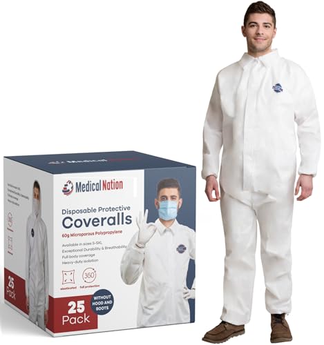 Medical Nation Hazmat Suits Dispsosable | 25 Pack, 5X-Large | Non-Hooded Protective Coveralls - Heavy Duty Full Body Painters Suit for Men & Women Without Hood - Breathable & Water Resistant - 5XL