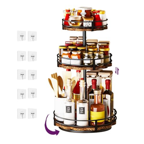 Heavy-Duty 3-Tier Lazy Susan Organizer, Adjustable to Different Heights, Countertop Spice Rack, Upgraded Thickened Wooden Board, Suitable for Seasoning Organizer, Kitchen Organization