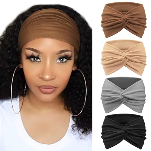 Image of DRESHOW 4 Pack Turban Headbands for Women Wide Vintage Head Wraps Knotted Cute Hair Band Accessories