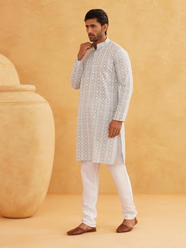 Image of SOJANYA (Since 1958 Men's Cotton Gold Sequence Embroidered Kurta with white Churidaar Pyjama
