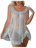 OYOANGLE Women's 2 Piece Mesh Sheer Floral Lace Babydoll Slip Dress Nightgowns and Thong Lingerie Set Green X-Large