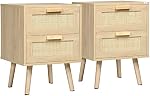 HOMCOM Boho Design Nightstand Set of 2, Rattan Bedside Table, Side End Table with 2 Drawers for Bedroom, Natural Wood Effect