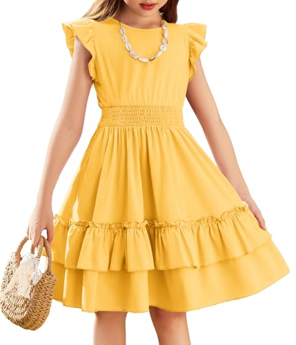 Image of Arshiner Girls Dresses Flutter Sleeve A-Line Sundress Casual Summer Tiered Swing Midi Pocket Dress