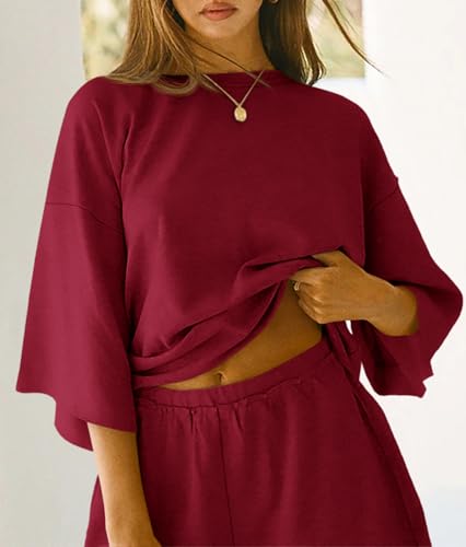 Image of Tankaneo Womens Pajama Sets 3 /4 Sleeve Oversized Tops & Loose Fit Shorts Lounge Set with Pockets Loungewear