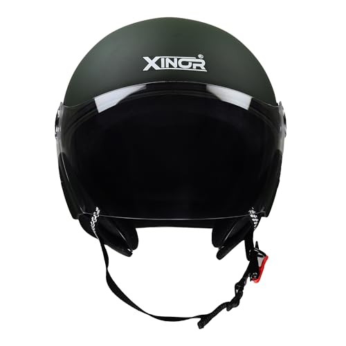 Image of Buff Open Face Motorcycle Helmet Medium MT Green | ISI Certified Unisex Bike Helmet | Lightweight ABS Shell with Clear Visor & Quick Release Strap for Scooter & Bike Riders