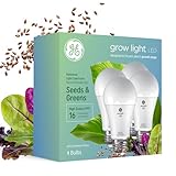 GE Grow Lights for Indoor Plants, A19 LED Light Bulbs for Seeds and Greens with Balanced Light Spectrum, White Indoor Plant Light, 25,000 Hours Lifespan, 16 PPF, 4 Pack (Packaging May Vary)