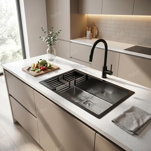 Image of InArt 304 Grade Stainless Steel Single Black Bowl Handmade Kitchen Sink 2mm Thickness High Grade Stainless Steel with Coupling and Fruit Basket (21 inch X 18 inch X 9 inch Inches)