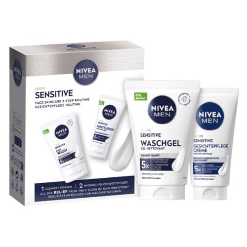NIVEA MEN Sensitive Waschgel + Gesichtspflege Set Geschenkset mit Reiniger (100 ml) und Gesichtscreme (50 ml) Pflegeset für Männer mit empfindlicher Haut