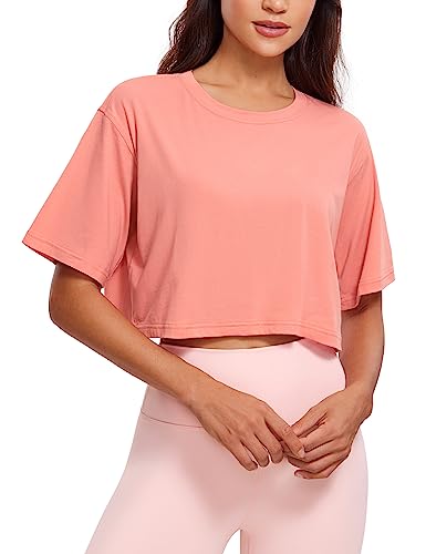 Image of CRZ YOGA Pima Cotton High Neck Crop T-Shirt | Workout, Naturally Soft, Loose Fit, Short Sleeve Tops for Women