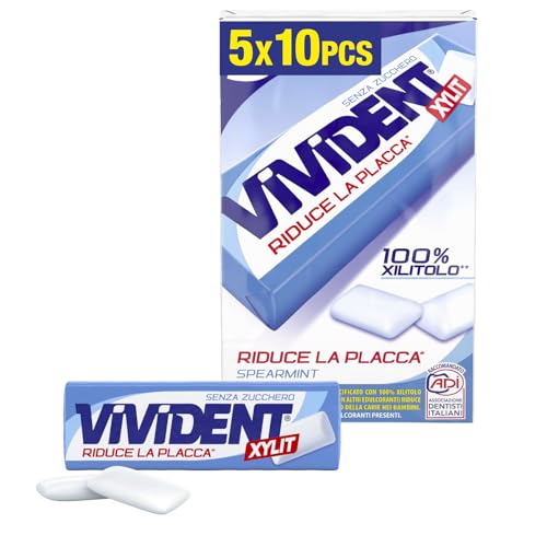 Vivident Xylit, Chewing Gum, Gusto Menta, Senza Zucchero, Senza Glutine, con Xilitolo, Confenzione da 5 Stick ciascuno da 10 Gomme da Masticare
