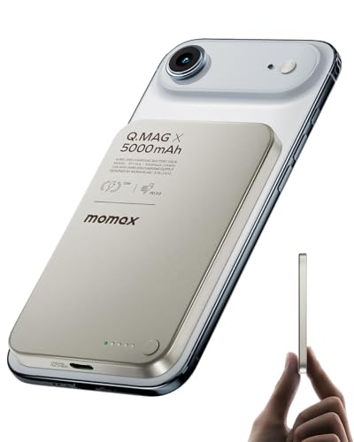 MOMAX Magnetic Power Bank 5000mAh, Ultra-Slim MagSafe Battery Pack for iPhone 17/16/15/14/13 Series, 7.5W Wireless & 20W PD Fast Portable Charger, Aluminium Alloy Power Bank Magsafe with USB C Cable