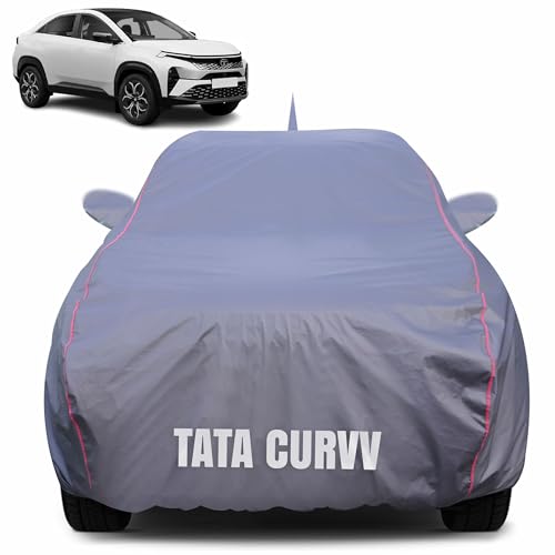 Image of 100% Waterproof Car Body Cover for Tata Curvv with Mirror Pocket (Heat & UV Resistant, Triple Stitched, Soft Lining, Bottom Elastic & Piping) Grey