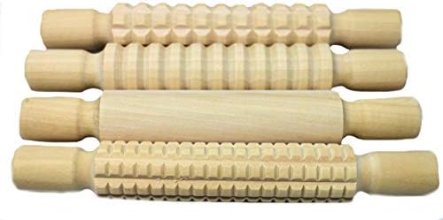 4 Textured Play Dough Wooden Rolling Pins Craft Supplies 21cm x 3.6cm - Playdough Pottery Tools Patterned - Clay Rolling Pin - Modelling Set - Kids Rolling Pin