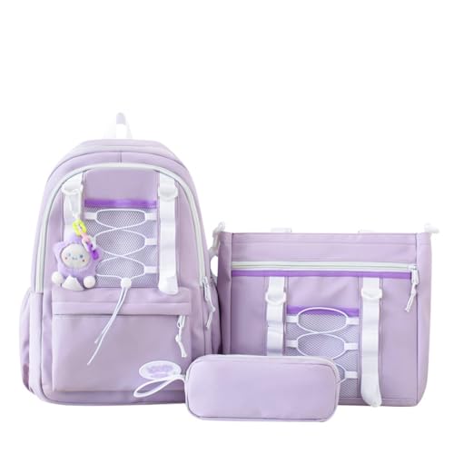 College Style Backpack Set of 3, Kawaii Simple Stylish 3-In-1 Bookbag Set, Cute Large Capacity Nylon Rucksack (Purple)