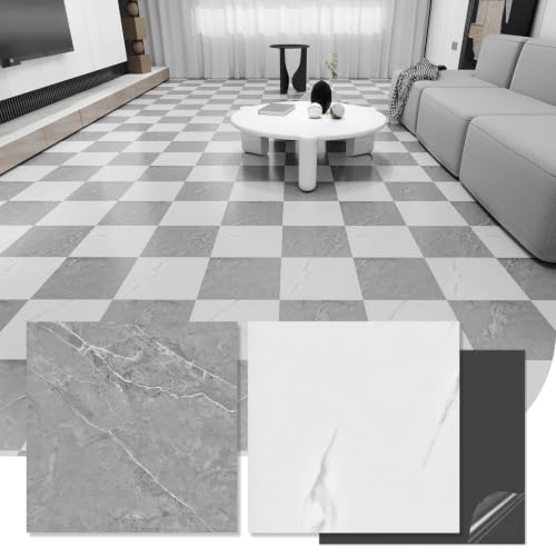 Azulejos de mármol blanco y gris con diseño elegante, paquete de 30 autoadhesivo de 12x12 in