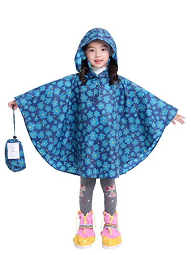 Spmor Kids Rain Poncho Hooded Jacket Rain Coat Blue Flower L(Fits Height 49.2'' - 59.0'') #TOP17