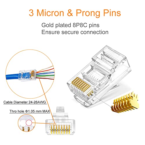 Solsop 100PCS RJ45 Pass Through Connectors + 100PCS RJ45 Boot Cover, UTP Cat6 Connectors for 24-26AWG Solid Wire and Standard Cable