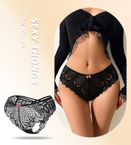 Image of Cotton Thongs for Women, T Back Breathable Comfort See Through Panties, Seamless Lace Pack