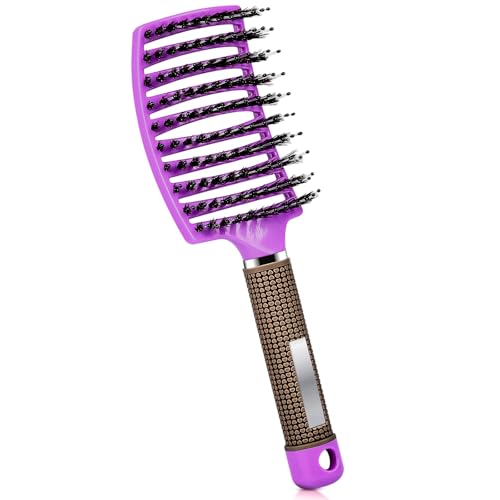 Haarbürste ohne Ziepen, Extensions Bürste mit Aufhängeloch Damen, Haarbürste Wildschweinborsten für trockenes/nasses/lockiges/glattes Haare, Lila