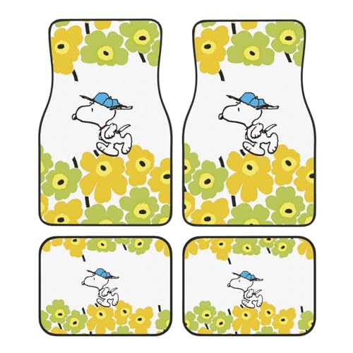 スヌーピー 花柄 イエロー 【4点セット】車 フロアマット カーマット カーペット 4パック 滑り止め 軽/普通車/Suv/バン/トラック 防水 ズレ防止加工 丸洗いok 汚れ防止 キャラクター かわいい